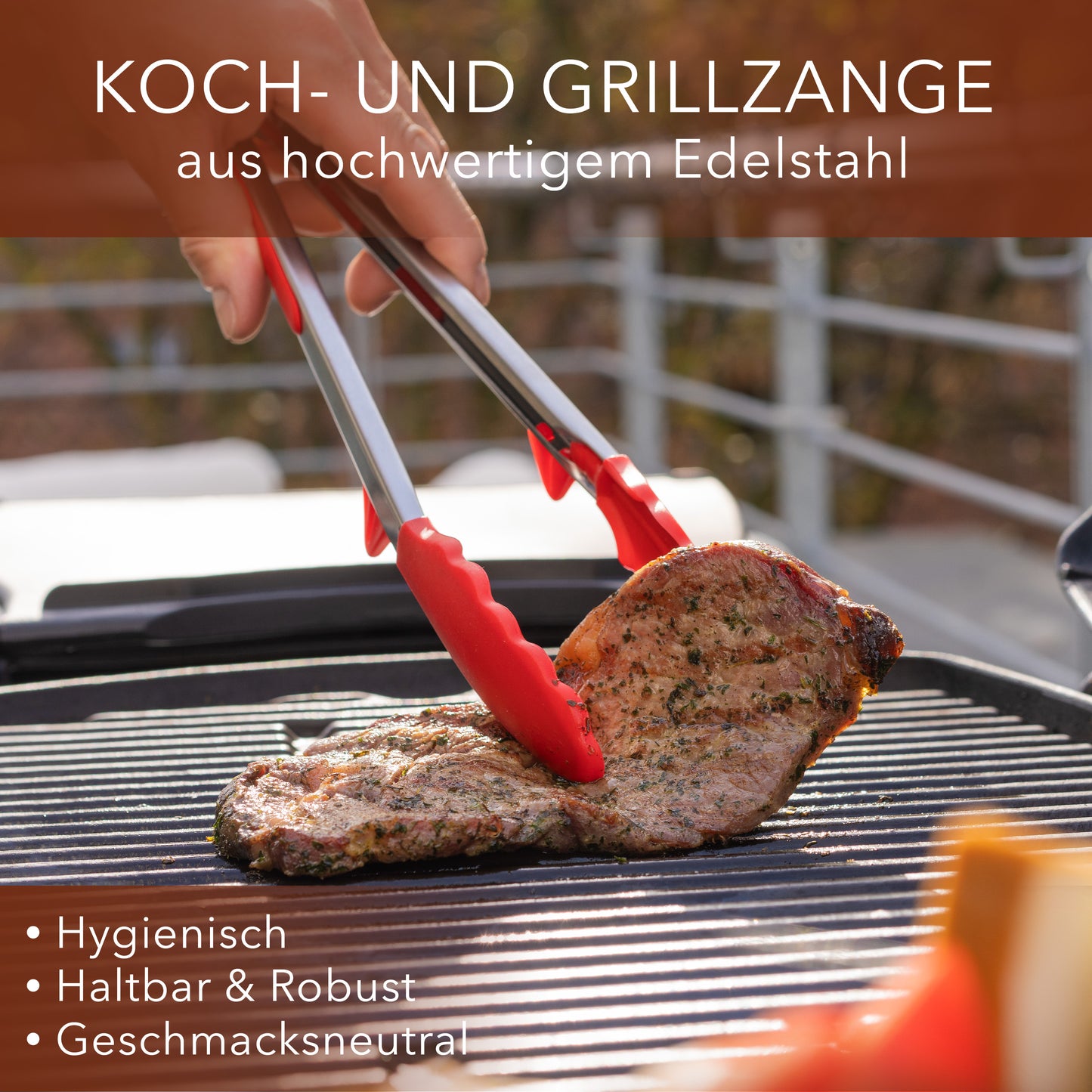 Koch- und Grillzange mit integriertem Standfuß aus Edelstahl & Silikon - 2er Set Rot