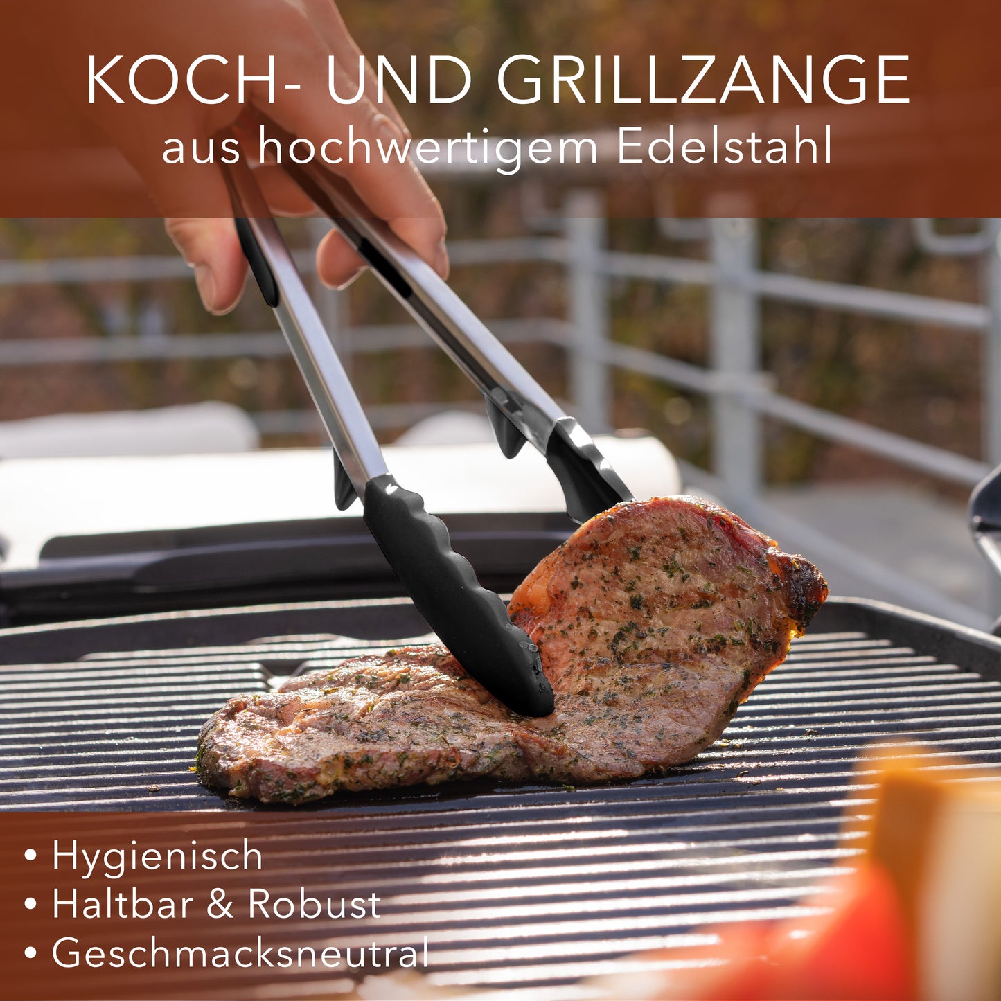 Koch- und Grillzange mit integriertem Standfuß aus Edelstahl & Silikon - 2er Set Schwarz