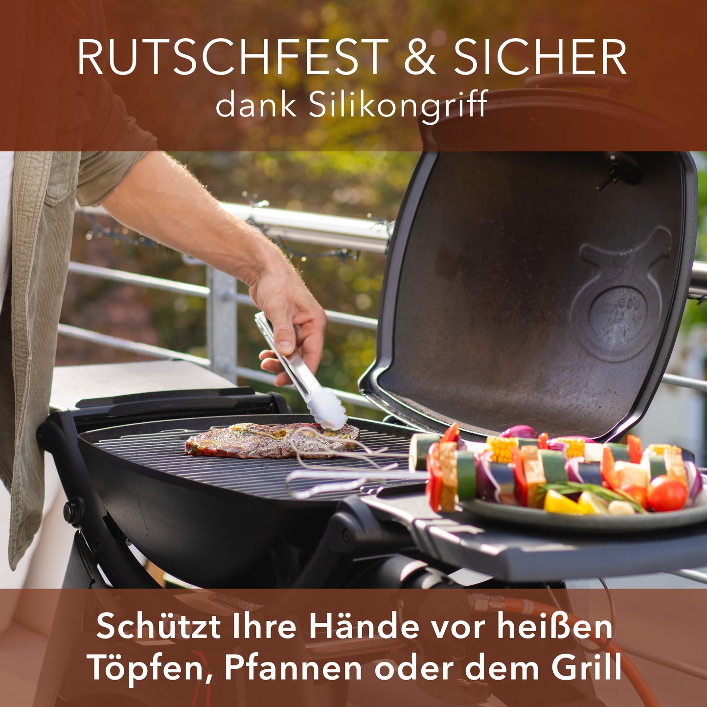 Koch- und Grillzange mit integriertem Standfuß aus Edelstahl & Silikon - 2er Set Schwarz