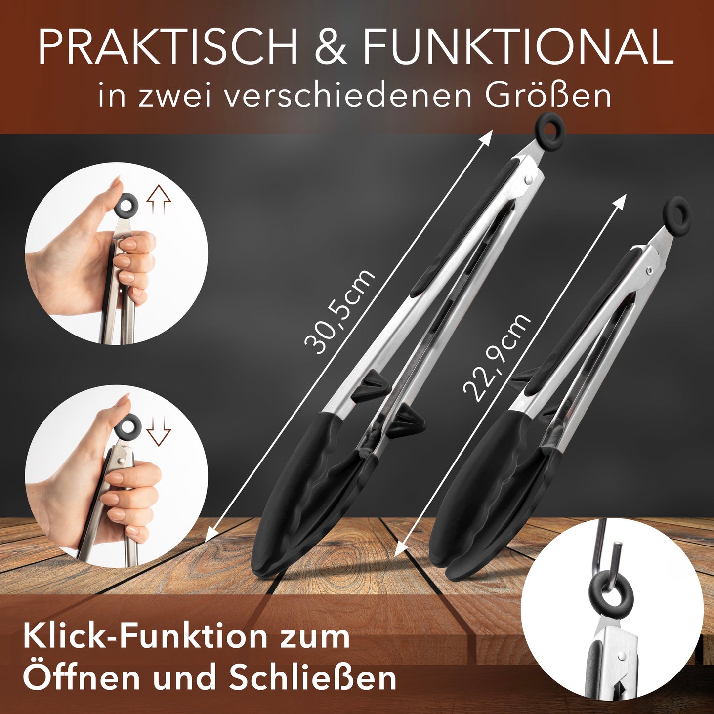 Koch- und Grillzange mit integriertem Standfuß aus Edelstahl & Silikon - 2er Set Schwarz