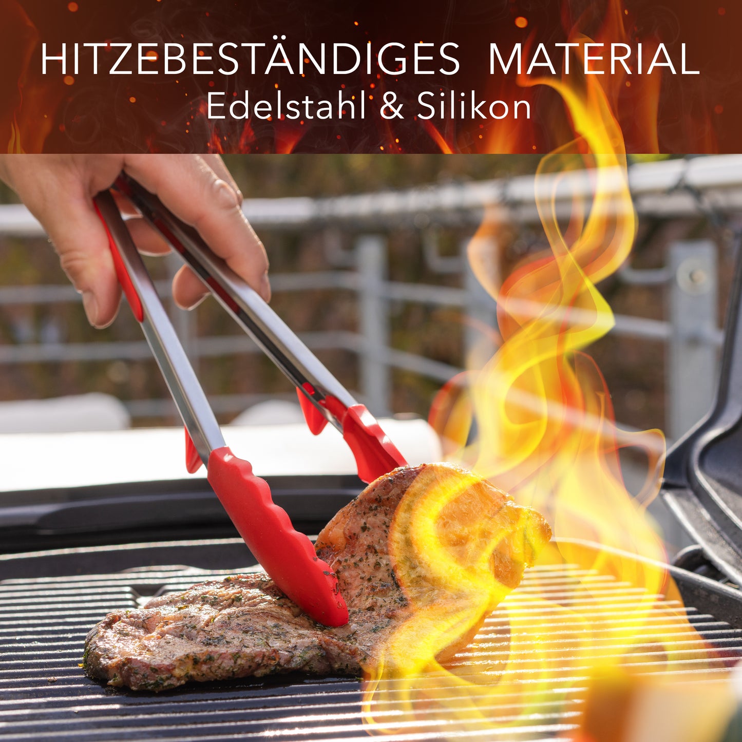 Koch- und Grillzange mit integriertem Standfuß aus Edelstahl & Silikon - 2er Set Rot