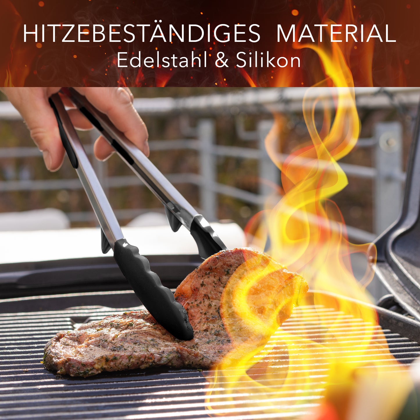 Koch- und Grillzange mit integriertem Standfuß aus Edelstahl & Silikon - 2er Set Schwarz