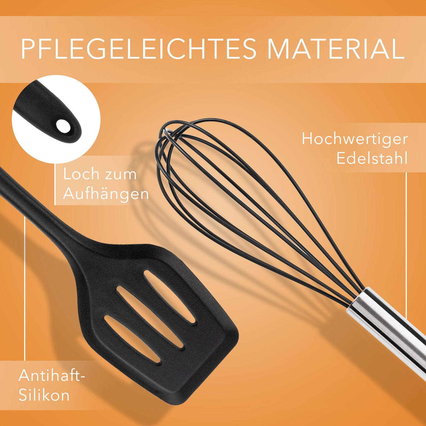 Küchenhelfer aus Silikon & Edelstahl Kochutensilien Schwarz - 5er Set