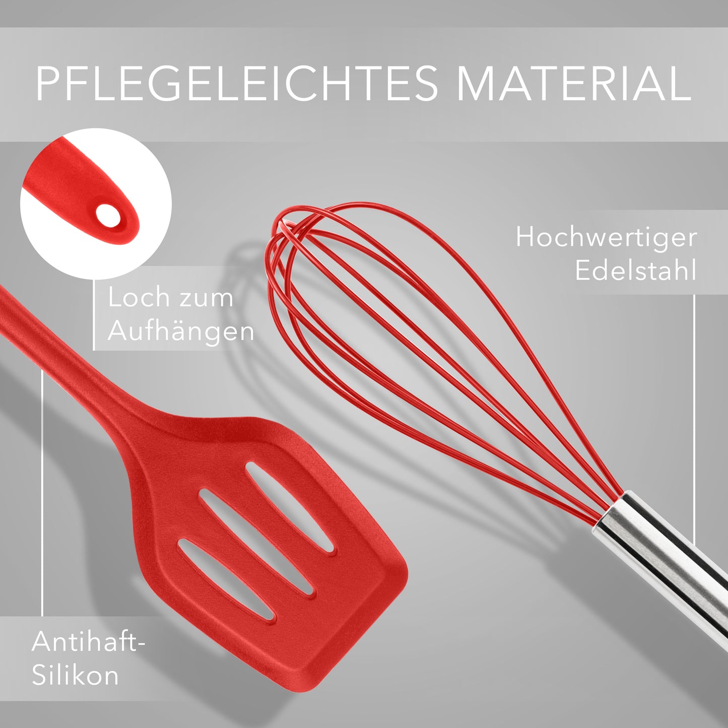 Küchenhelfer aus Silikon & Edelstahl Kochutensilien Rot - 5er Set