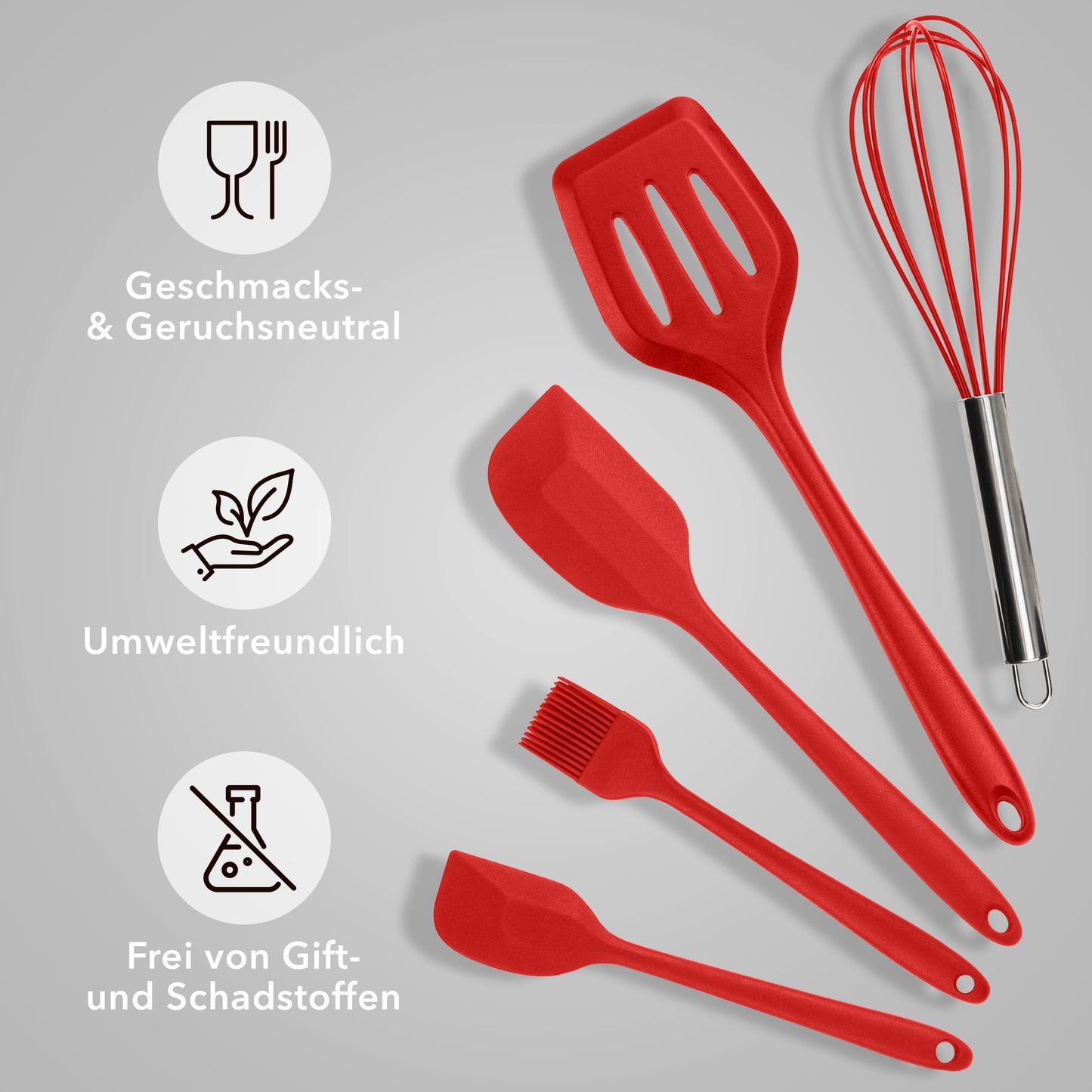 Küchenhelfer aus Silikon & Edelstahl Kochutensilien Rot - 5er Set