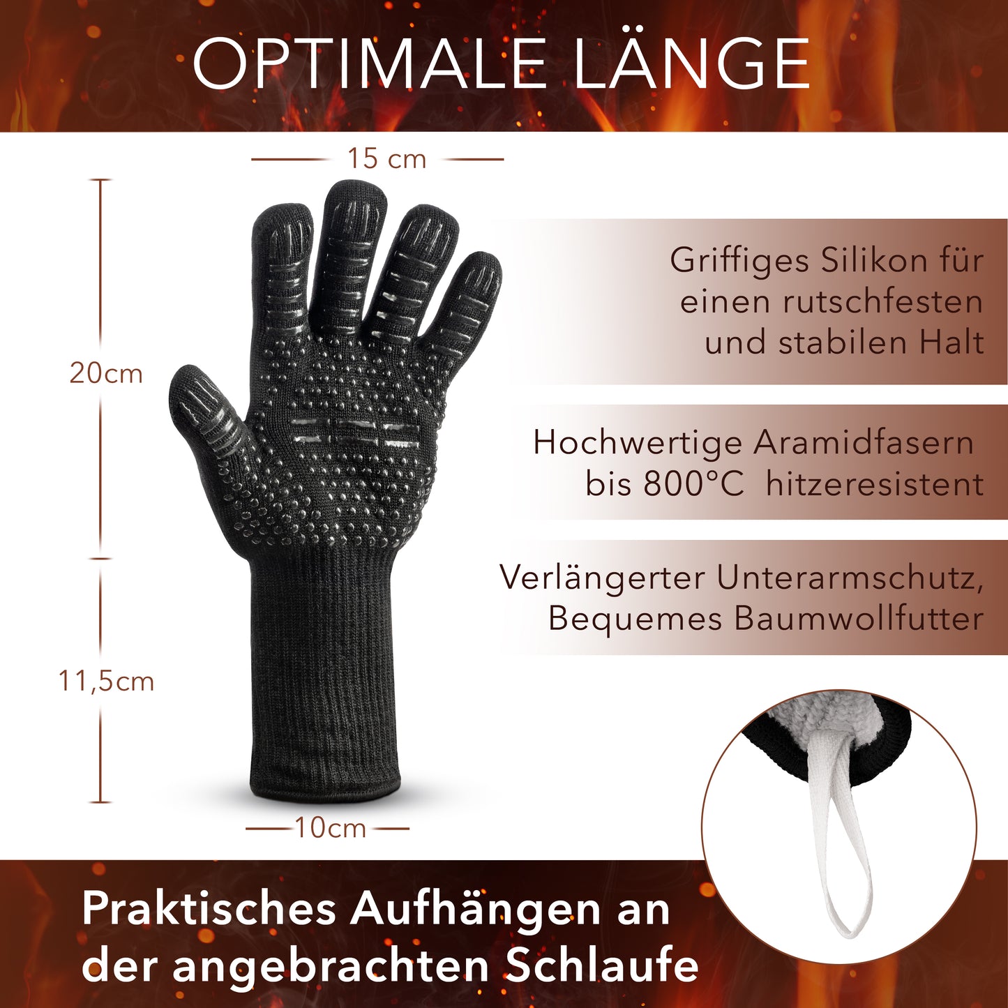 Grillhandschuhe aus Aramid Hitzebeständig bis zu 800° C - Schwarz