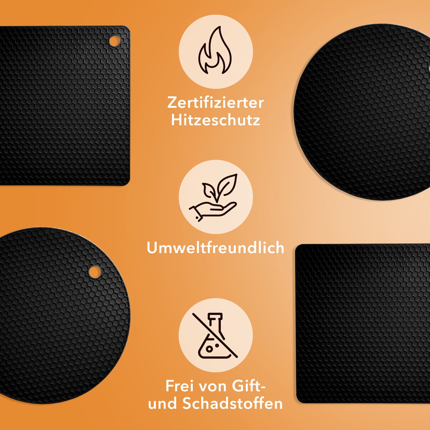 Untersetzer aus Silikon Topfuntersetzer Pfannenuntersetzer Topflappen rund & eckig Schwarz  - 4er Set